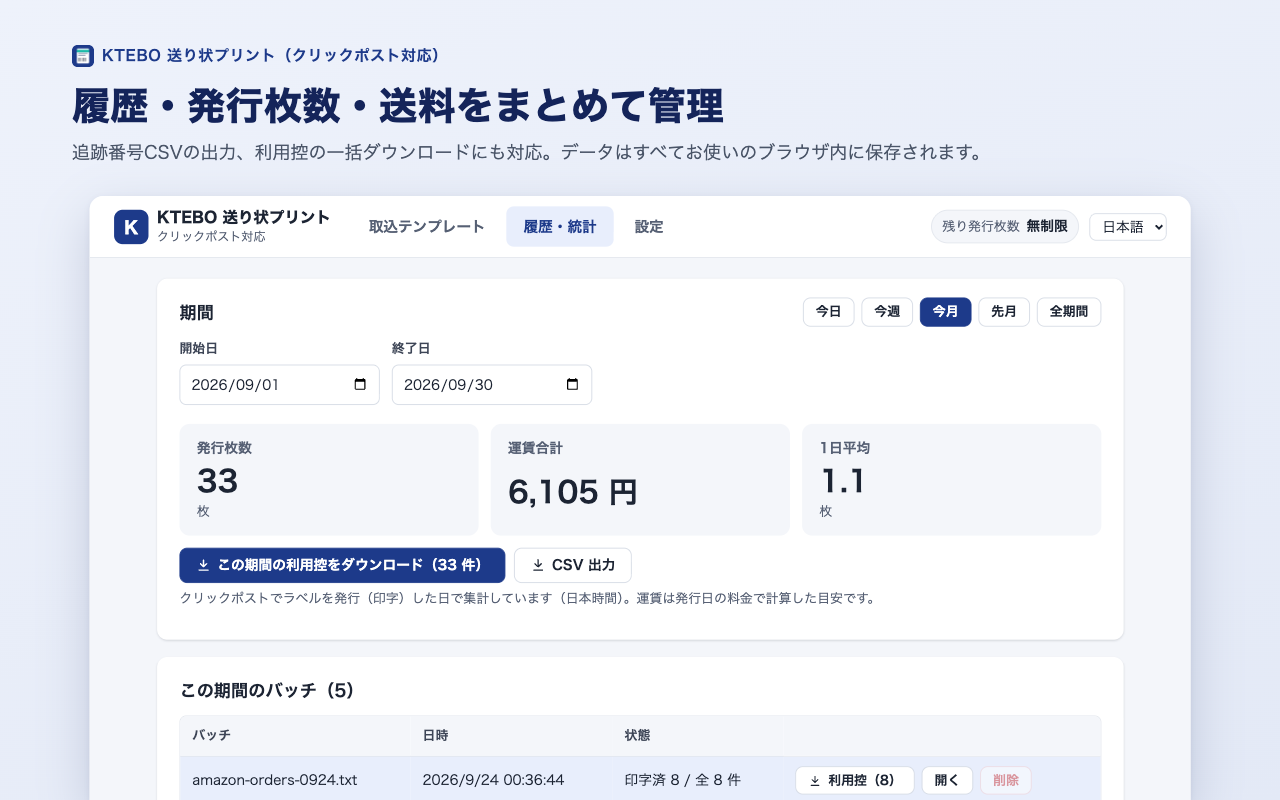 履歴・統計の画面：期間を選んで「この期間の利用控をダウンロード」を押す